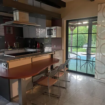 Gehobene Drei Mit Esszimmer Und Kamin Mit Ueberdachter Terrase Und Dem Teich Idyllisch Sich Zu Erholen *